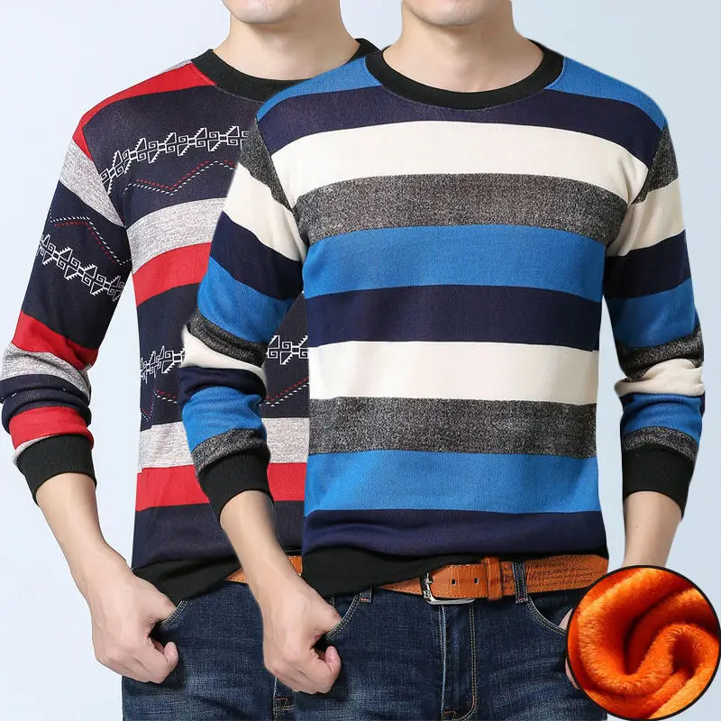 Business casual autumn winter warm pullover knitted striped male gold fleece sweater men dress thick mens sweaters clothing