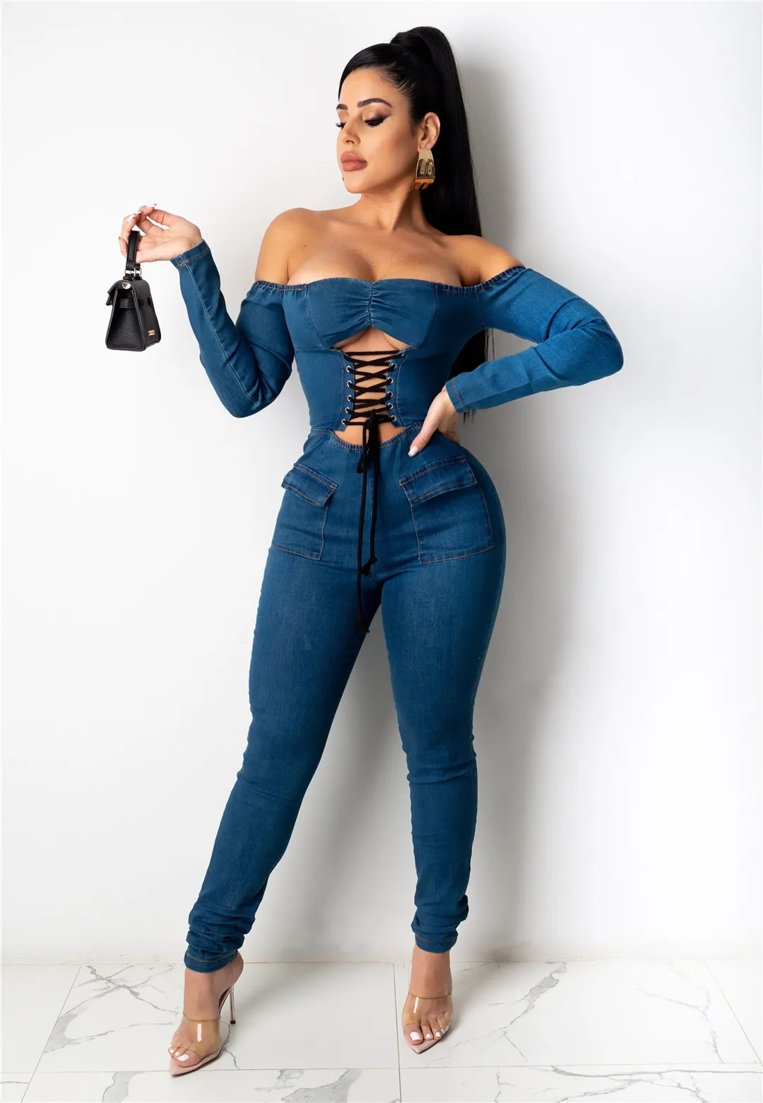 Women Blue Sexy Shoulder Denim Jumpsuit 