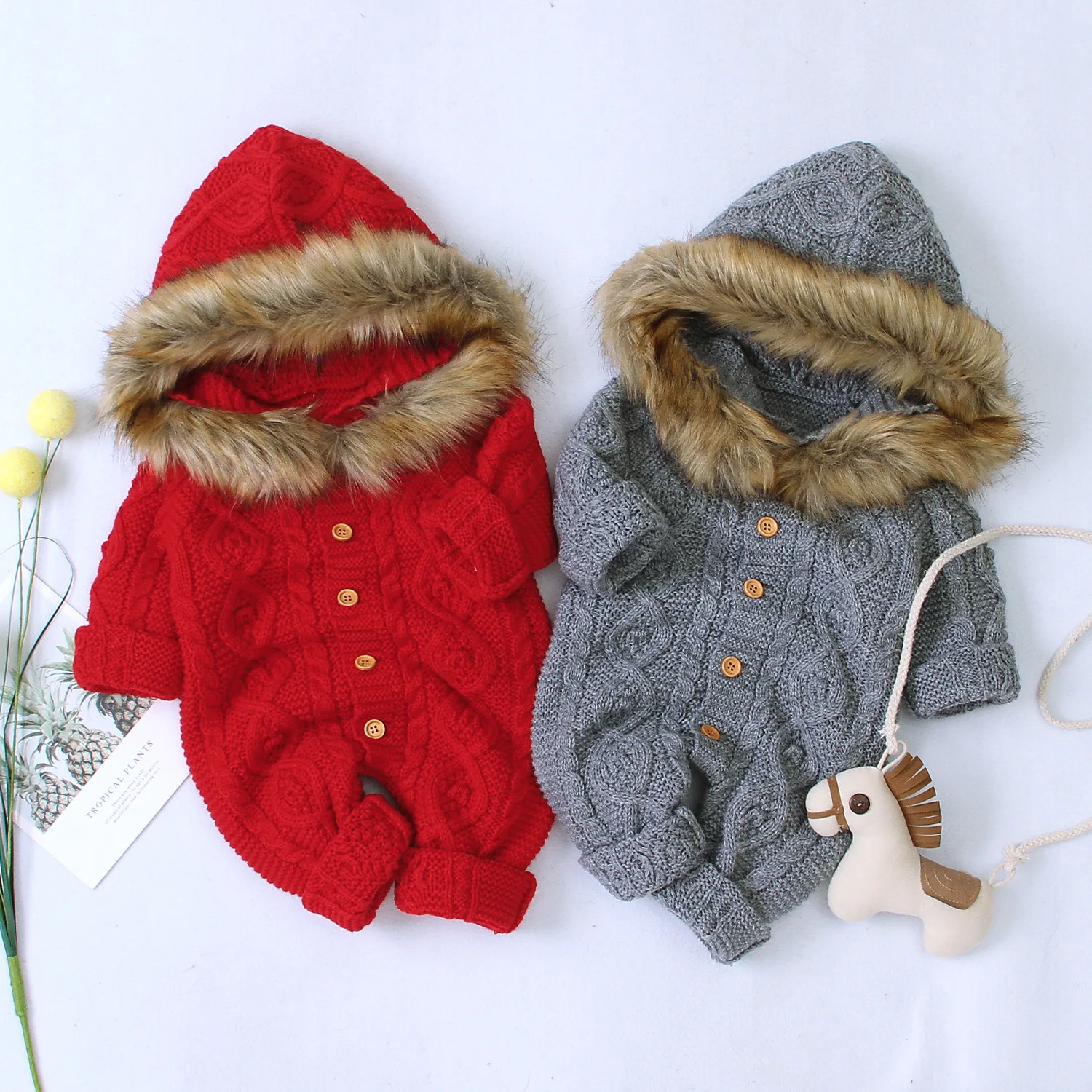 Crianças do Bebê Macacão de Malha com Capuz Roupas de Inverno Gola de Pele do Falso Macacão da Criança Camisola Recém-nascido Menino Menina Quente Infantil Pano 1 Crianças do bebê macacão de malha com