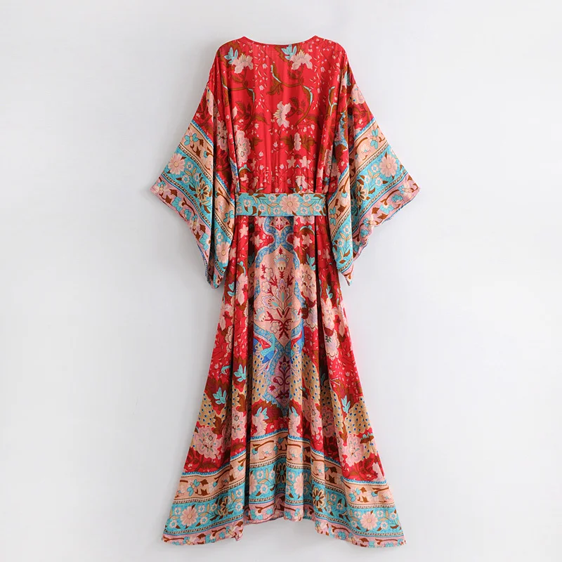 Boho chic женское Красное Цветочное платье с рукавом «летучая мышь», Пляжное богемное платье-кимоно, Дамское летнее платье happie с v-образным вырезом и кисточками