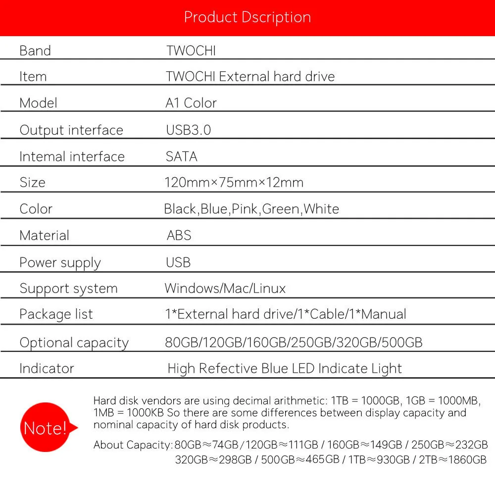 Original twochi 2.5 Inch External Hard Drive Storage 320G 500G Mini USB3.0 1TB 750G 160G 250G HDD Portable External HD Hard Disk