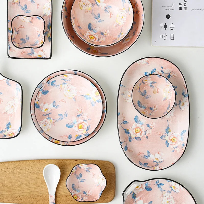 

Household Tableware Plate Set Creative Dinner Camellia Ceramic Combination Rice Steamed Fish Dish Seasoned Dish Noodle Soup Bowl