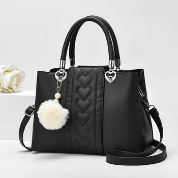 

Retro Heart Pattern Bags for Women 2020 PU Leather Female Handbags with Hairball Sac A Main Femme Casual Lady Shoulder Bag