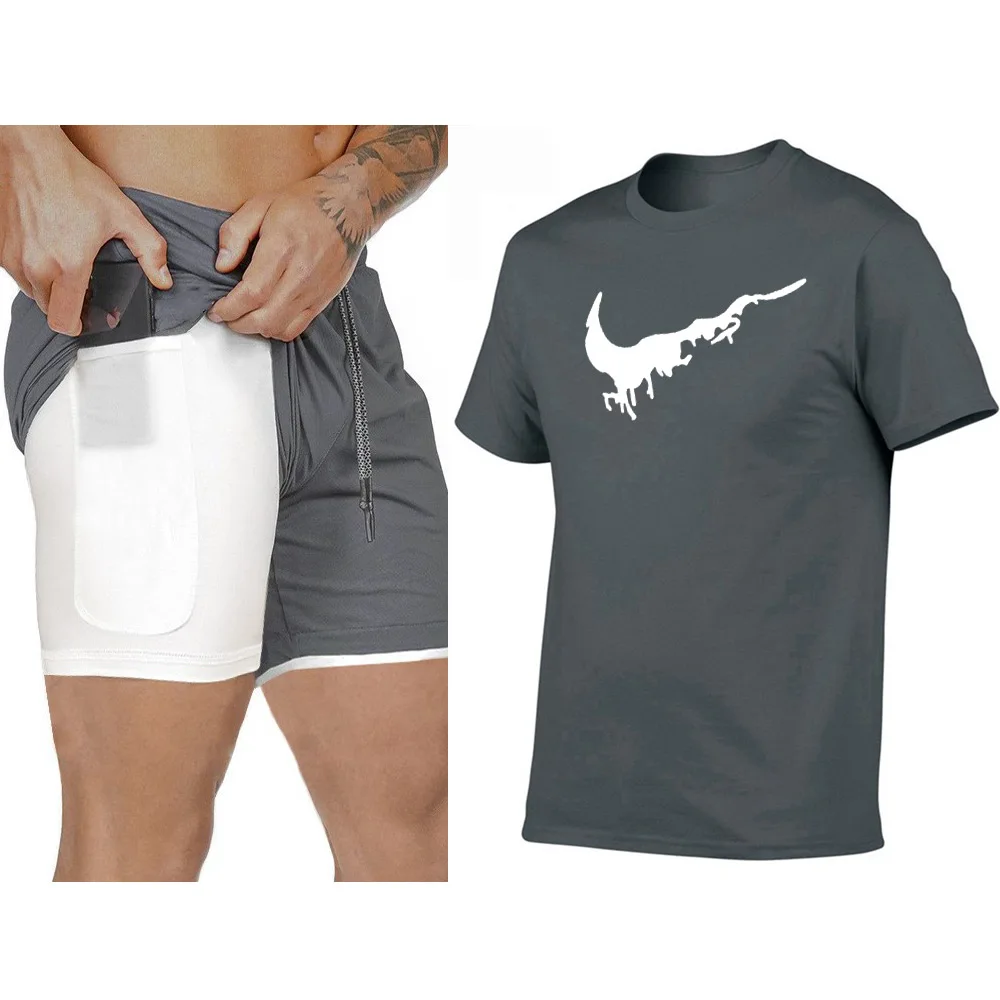 

New Men's Hidden Mobile Phone inside Pockets Shorts+T-Shirt sets Joggers Training Fitness Sporting Shorts Tops Tees Print Set