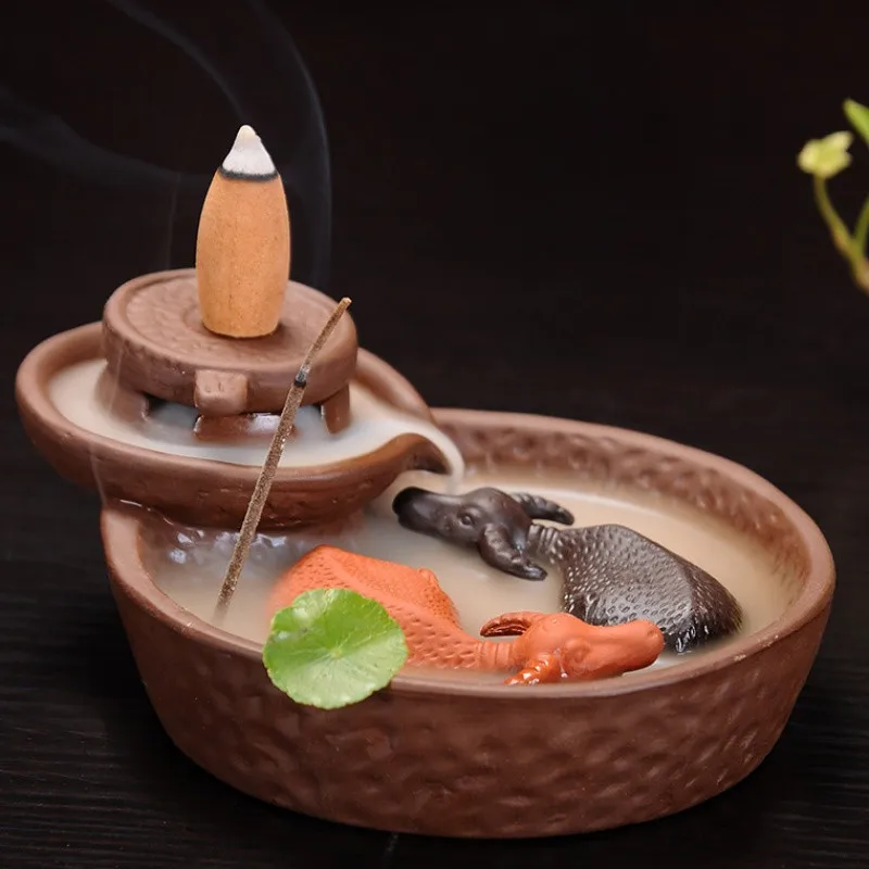 Керамическая курильница для благовоний с 2 кошачьими камушками, фиолетовая глина, палочки для благовоний, держатель, домашний декор, водопад, курильница+ 10 шт. конусов