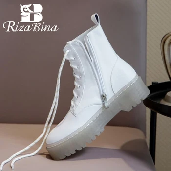 

RIZABINA Women Ankle Boots Real Leather Cross Strap Winter Shoes Woman Thick Bottom Fashion Platform Daily Short Boot Size 34-40