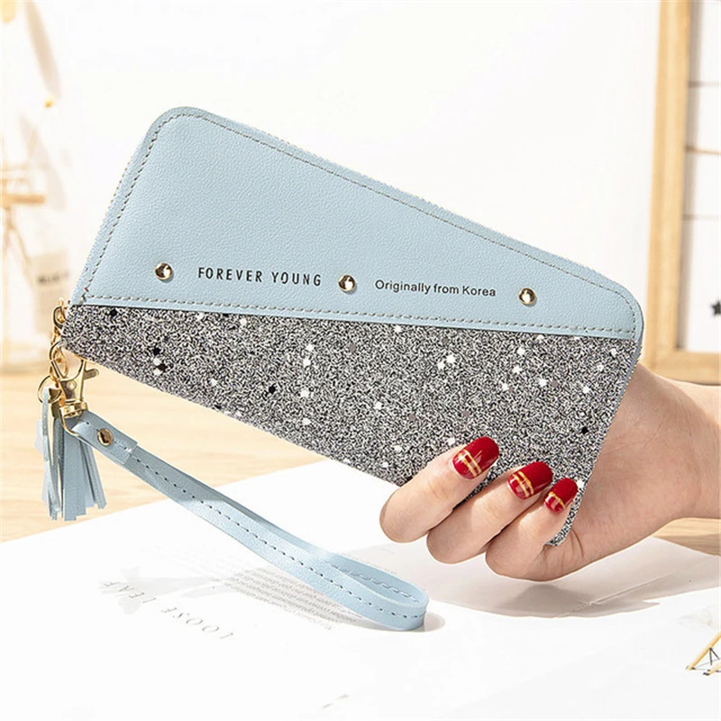 De Lujo cartera para las mujeres Patchwork embrague lentejuelas brillo de la Pu de cuero de las señoras tarjeta del bolso del teléfono titular moneda monedero mujer carteras