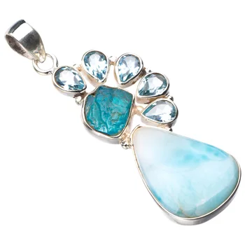 

StarGems Natural Caribbean Larimar Apatite And Blue Topaz Handmade 925 Sterling Silver Pendant 2.25" D9320