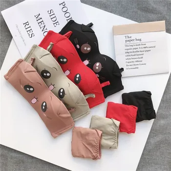 

Strapless Bra Set Print Japanese Cute Sexy No Steel Ring Gathering Adjustable Cross Emoticon Small Ears