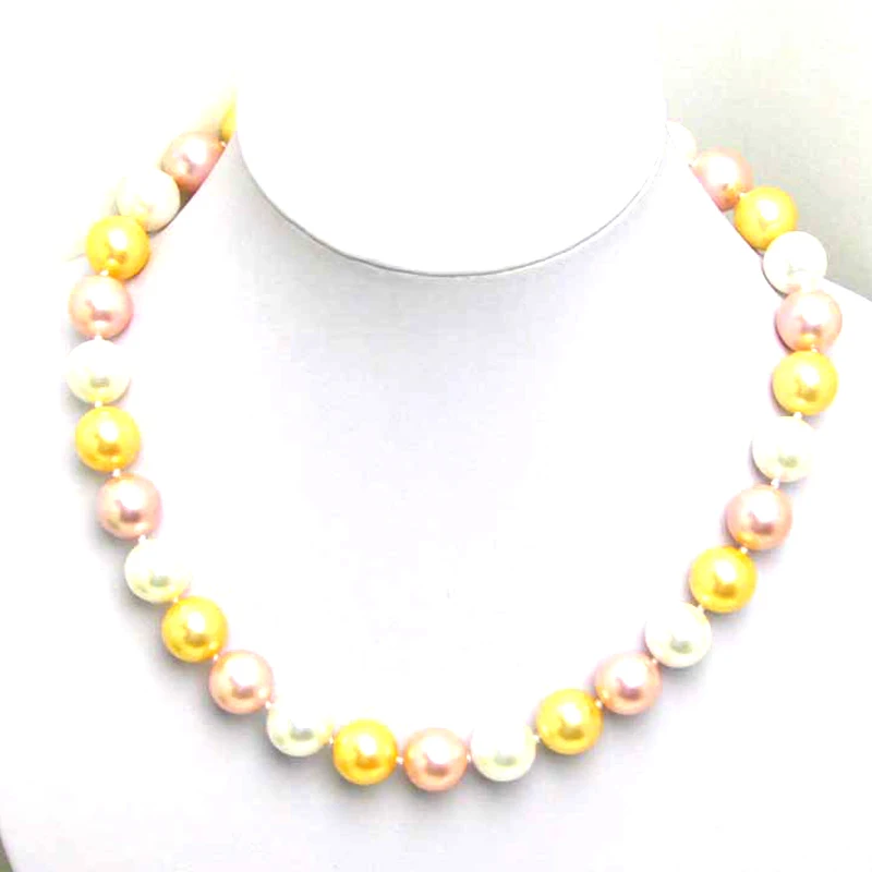 

Qingmos Fashion 12MM Round MULTICOLOR (Whie Gold Pink) Sea Shell Pearl Necklace for Women Jewelry 18" Chokers Collier nec5125