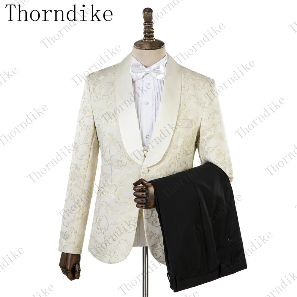 Thorndike настоящие фото шаль лацкан бежевый жаккард Свадебные смокинги жениха Мужские вечерние блейзеры Выпускной бизнес костюмы(пиджак+ брюки+ жилет