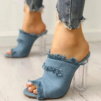 

SARAIRIS 2020 Fashion Design Denim Mules Slip On Slipper Clear High Heels Shoes Women Summer Sandals Pumps