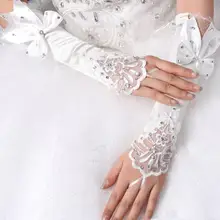 Лидер продаж белые Сатиновые свадебные туфли Кристаллы Аппликации с открытыми пальцами свадебные Перчатки до локтя короткие кружевные невесты Перчатки свадебные аксессуары