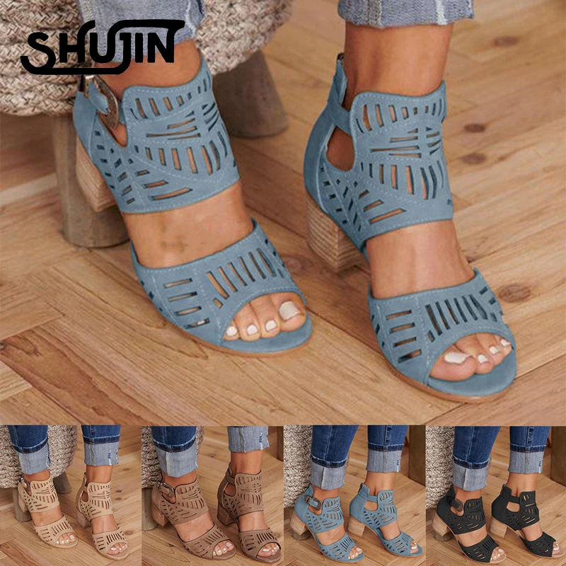 

Dihope Summer Women Bucket Sandals Ladies Scrub PU Leather Hollow Out Shoes Square Mid Heels Shoes Comfortable Open-toe Shoes