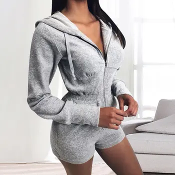 

2020 New Women Knitting Long Sleeve Hooded Jumpsuit Casual Zipper Drawstring Solid Color Short Bodysuit For Daily Wear Purple