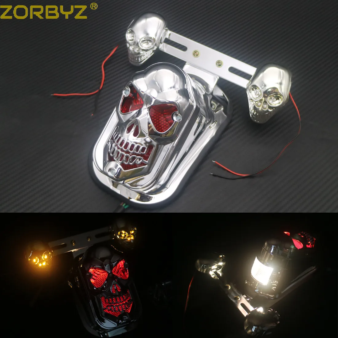 

ZORBYZ 1 Set Chrome Skull Turn Signal Brake License Plate Rear Tail Light For Harley Chopper Custom