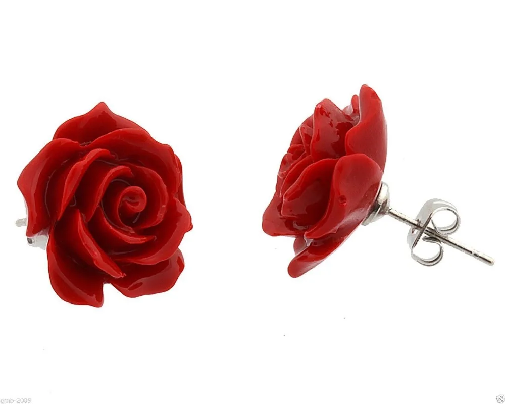 

FASHION JEWELRY 12MM CORAL RED ROSE FLOWER 925 STERLING SILVER EARRINGS