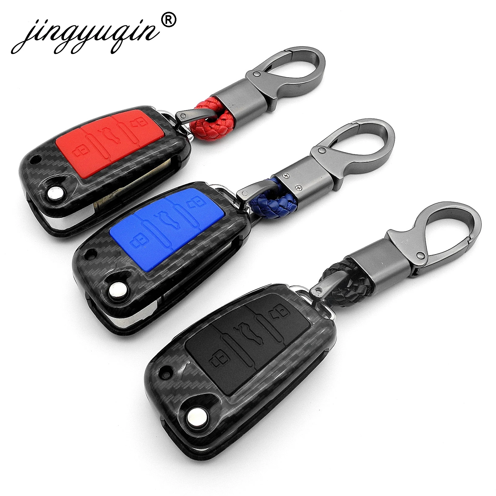jingyuqin 10x Carbon Cover Silicone Fob Case For Audi C6 A7 A8 R8 A1 A3 A4 A5 Q7 A6 C5 Double Protect 3BTN Car Remote Flip Key