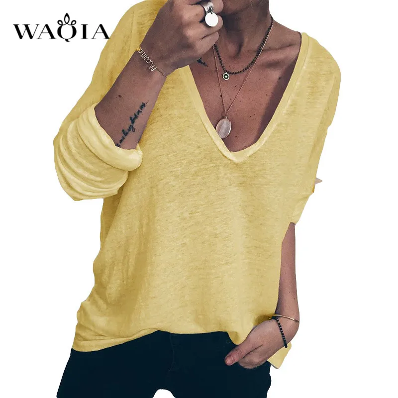 

Plus Size 2XL Women Tee Shirt 2019 Spring Autumn New Long Sleeve V-neck T Shirt Tops Female Casual Loose Camisas Mujer