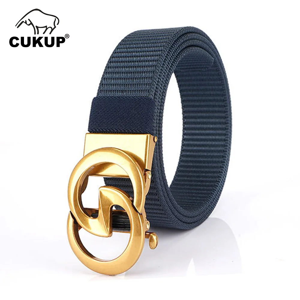 CUKUP 2022 Men's Unique Design GEOMETRIC Gold Automatic Buckle Metal Quality Nylon & Canvas Belts Men Jeans Accessories CBCK277