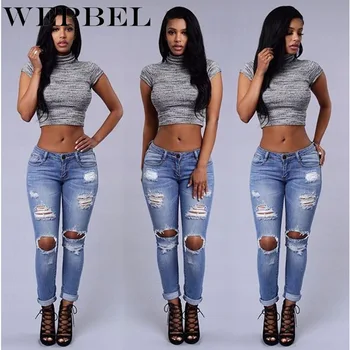 

WEPBEL Women Jeans Stretch Distressed Ripped Blue Skinny Denim Pants Cotton Hole Pencil Feet Jeans Plus Size
