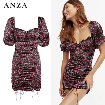 

ANZA Women Minidress 2020 New ZA Fashion Floral Print Slash Neck Short Sleeve Shirtdress Sheath Pink Red Casual Sexy Minidress