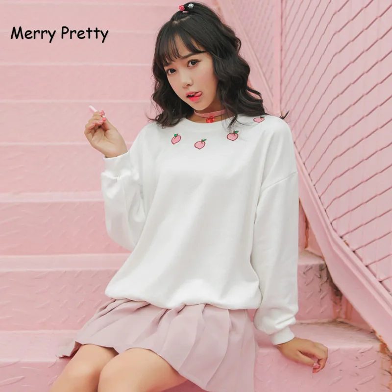  Merry Pretty Autumn Harajuku Hoodie Women Long Sleeve Cotton Sweet Sweatshirt Peach Embroidery Girl