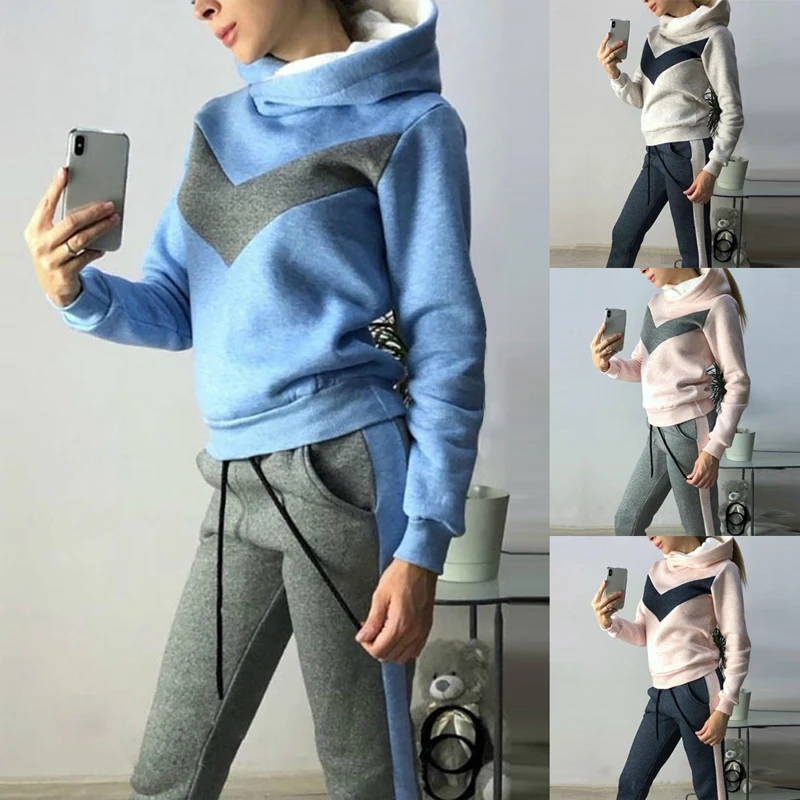 

2019 Winter Sports Hoodies Sportswear Suits Women Running Hoody Tracksuit Women Clothing Patchwork Fleece Sweat Pant Suit Autumn