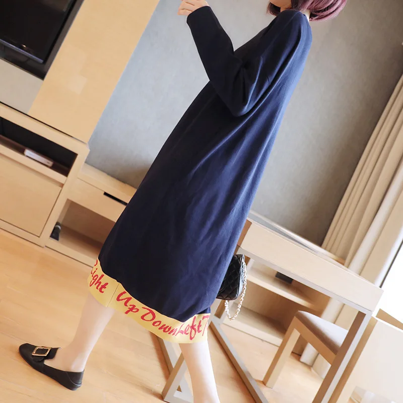 [DEAT] Mature Elegant Dress Women Knit Leisure Loose Letter Print Panelled Classic Full Sleeve O Collar Knee Length19M-a259