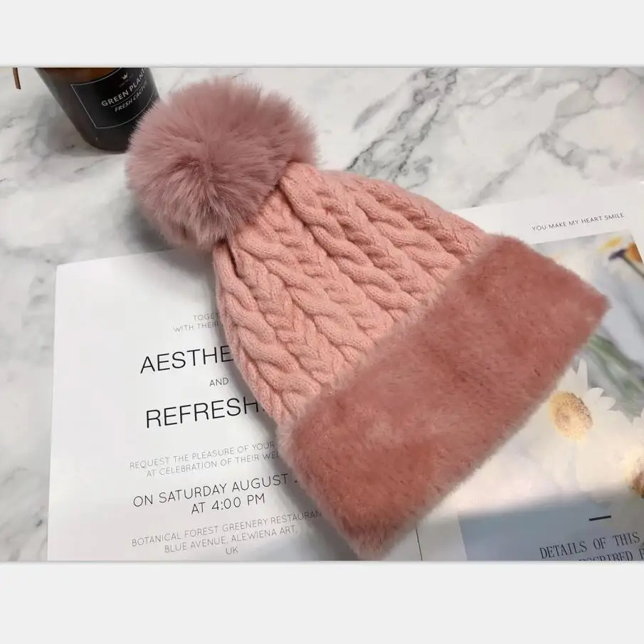 Женская однотонная пушистая шапочка из искусственного меха с помпоном, плюшевая манжета для девочек, вязаная шапка розового цвета, белая, черная, горчичная, ржавчина, теплые зимние шапки - Цвет: Pink