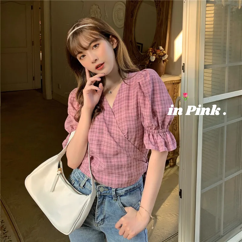 

COIGARSAM 4XL Plus Size Plaid blouse women Summer Belt V-Neck blusas womens tops and blouses Pink 622