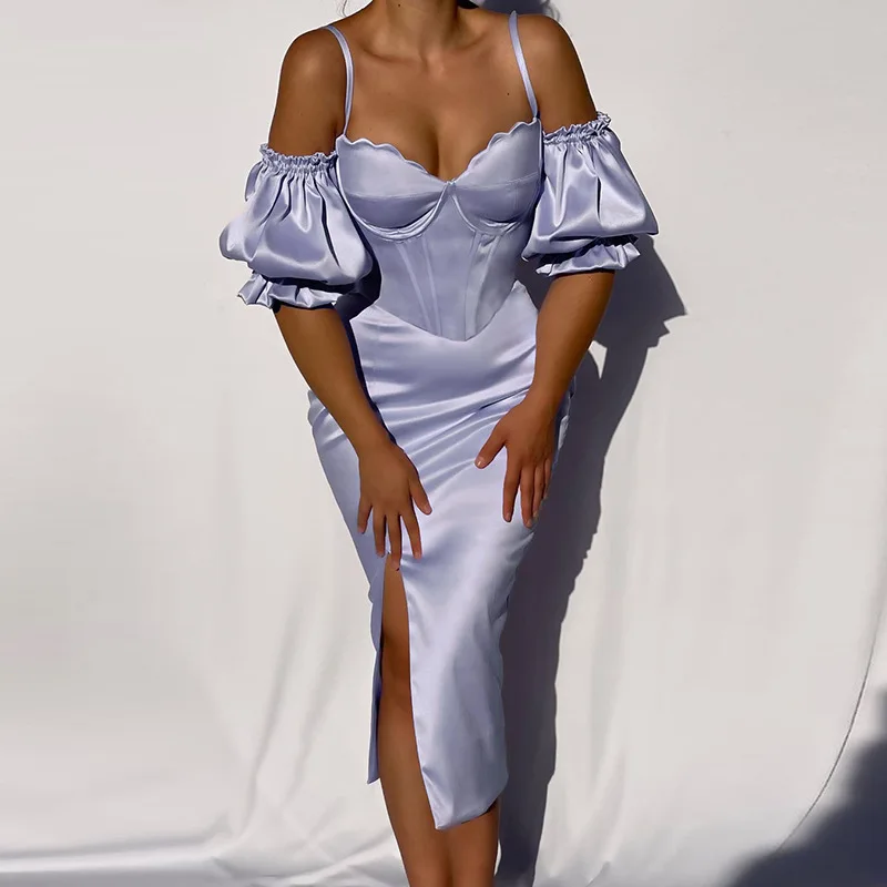 wsevypo Off Shoulder Lantern Sleeve Bodycon Dress Elegant Party Vestidos Vintage Women Slash Neck Straps Split Corset Dresses | Женская