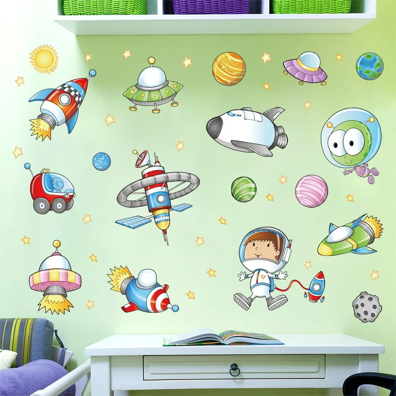 Space astronaut cartoon wall sticker kids room outer space planet galaxy rocket ship decorative wall murals for children rooms