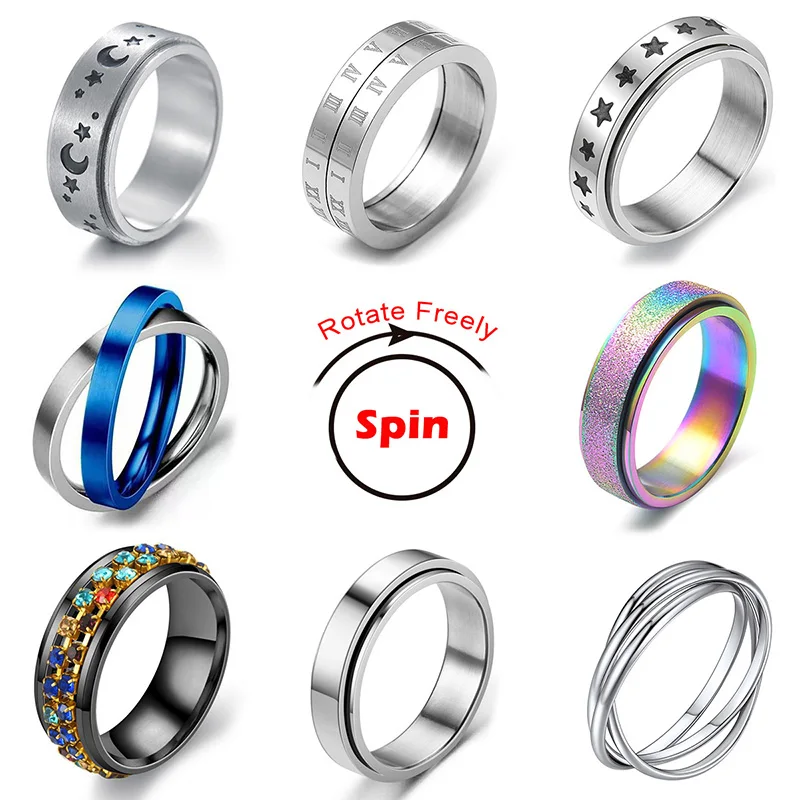 Rotating Freely Spinning Stainless Steel Anxiety Fidget Ring For Women Moon Star Moon Spinner
