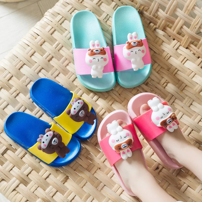 Barefoot Slipper for Girls Boys Kids Cute 3D Bear Rabbit Cartoon Children Bts Slippers Baby Home Footwear Beach PVC Lovely |