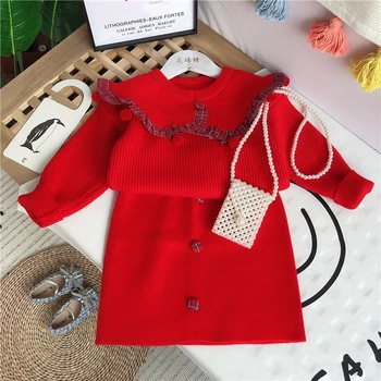 

2019 Girl Baby Fashion Knitting Clothing Set Cute Ball Collar Sweaters+skirts,kids Elegant Suits Children Winter Clothes Wear