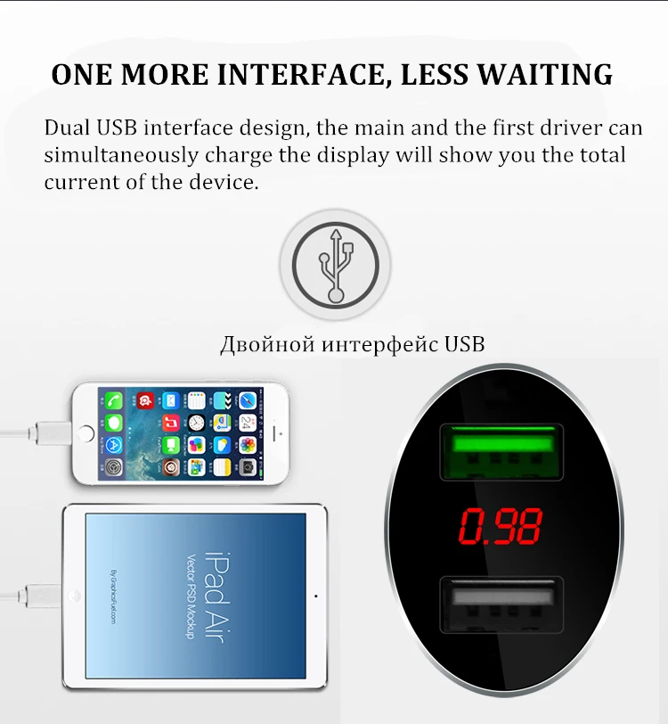 Светодиодный дисплей, автомобильное зарядное устройство, двойной USB, быстрое зарядное устройство, прикуриватель, автомобильное зарядное устройство для iPhone, Xiaomi, универсальное зарядное устройство для мобильного телефона, QC3