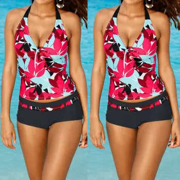 

2019 Women 2 Piece Swim Sets Halter Tankini Shorts Ladies Summer Swimsuit Beach Bathing Suit Conservative Swimwear Print Clothes