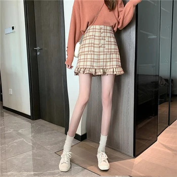 

Vintage Plaid Pocket Button Line Ruffle Side A-line Causal 3 Sizes Autumn 2020 New Arrival Women Skirts