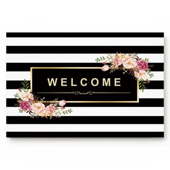 

Kitchen Mat Black And White Stripes Flower Doormat Home Decoration Anti-Slip Entrance Door Mats Kitchen Carpet Door Mats Outdoor