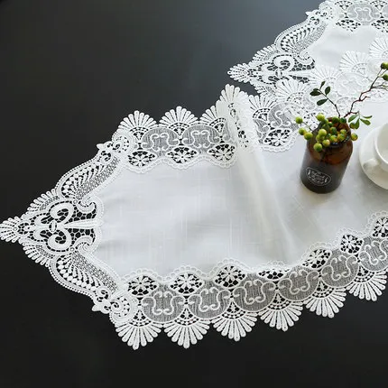 

American embroidery table runner table flag flower Cotton linen pure white padded Lace table cloth coffee TV cabinet cover towel
