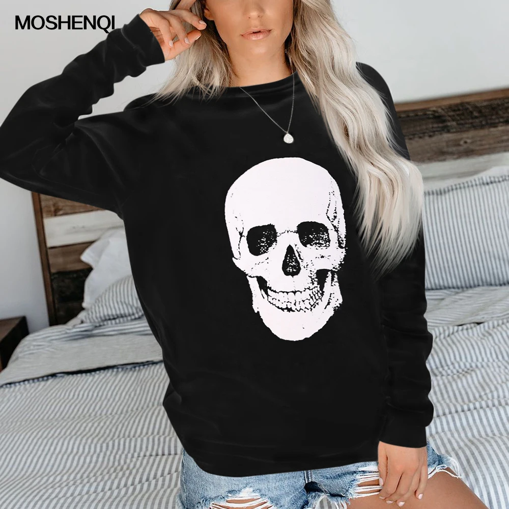 MOSHENQI черный череп женские свитшоты с круглым вырезом хлопковый топ принтом Femme