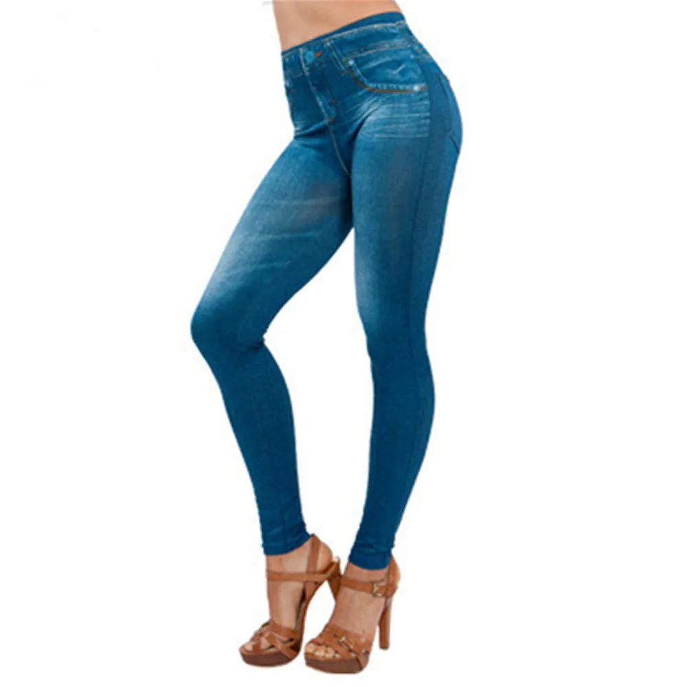 Модные тонкие женские леггинсы из искусственной лосины из джинсовой ткани, сексуальные летние леггинсы с длинным карманом и принтом, повседневные узкие брюки, Прямая поставка