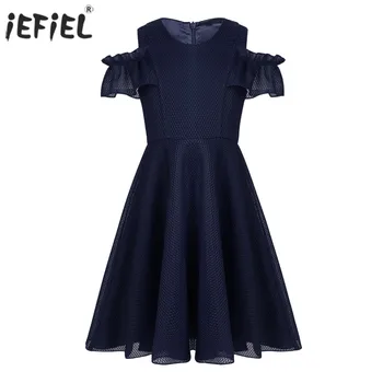 

Summer Girls Dress Fashion Solid Color Lattice Mesh Ruffled Sleeves Cold Shoulder Dress for Girls Party Wedding Prom Dress