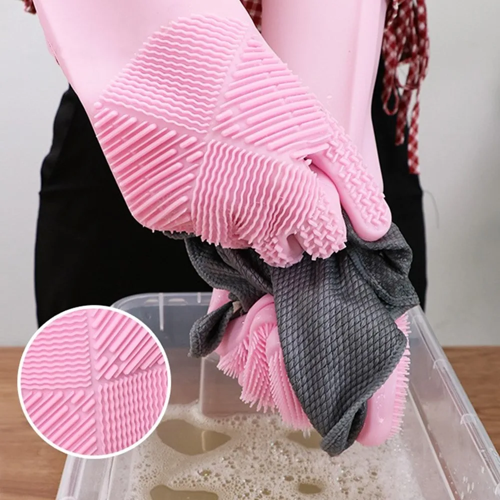 

Silicone Dishwashing Gloves Magic Rubber Scrubbing Gloves Reusable Wash Cleaning Gloves for Kitchen, Bathroom, Pets, Car (Pink)