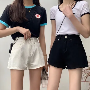 

High Waist Denim Shorts Women's Femme Wide Leg Elastic Waist Solid Vintage Jeans Shorts Loose Women 2020 Summer
