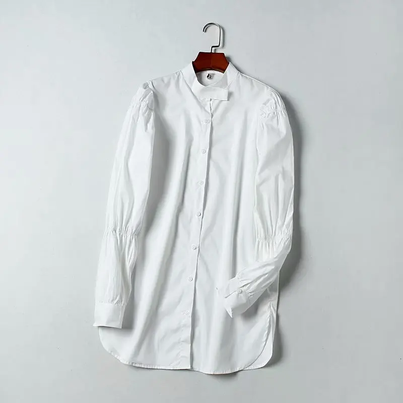 Французский суд стиль белая рубашка для женщин с длинным рукавом сплайсированные Топы Boyfriend большие длинные рубашки