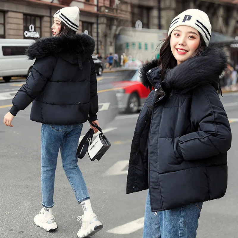 5 Colors Ladies Faux Fur Hooded Short Puffer Jacket New Fashion Parka Casual Loose Winter Jacket Women Warm Bubble Coat - Color: Black