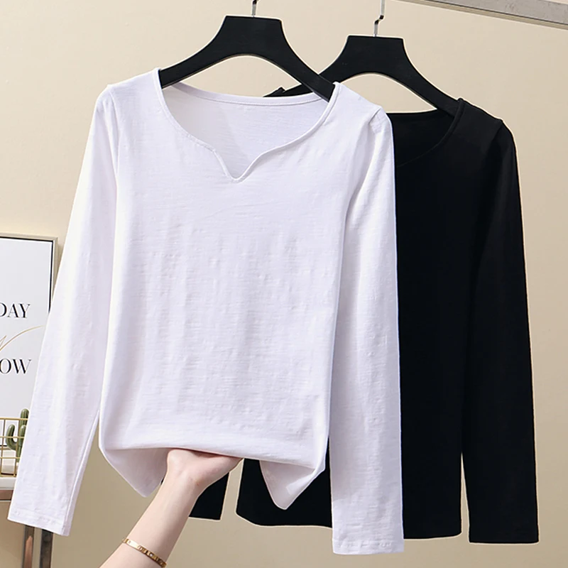 

shintimes Bamboo Cotton Tshirt Women Slim Basic T Shirt Womens 2019 Autumn Winter V-Neck Long Sleeve Korean Tops Camiseta Mujer