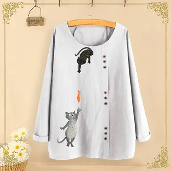 

Spring Cat Printed Blouse ZANZEA Women Long Sleeve Tunic Tops Vintage Casual Cartoon Cotton Party Shirts Female Blusas Chemise